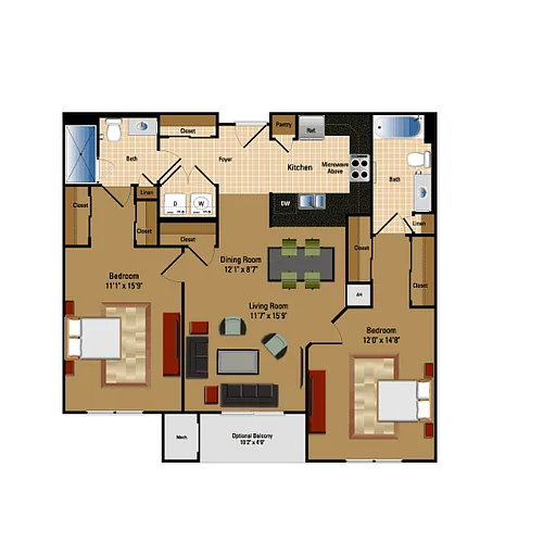 Floor plan 2 Bed, 2 Bath 1072 SF B4