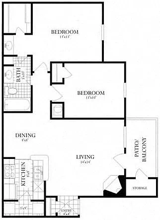 Floor plan 2 Bed, 1 Bath 864 SF 21A