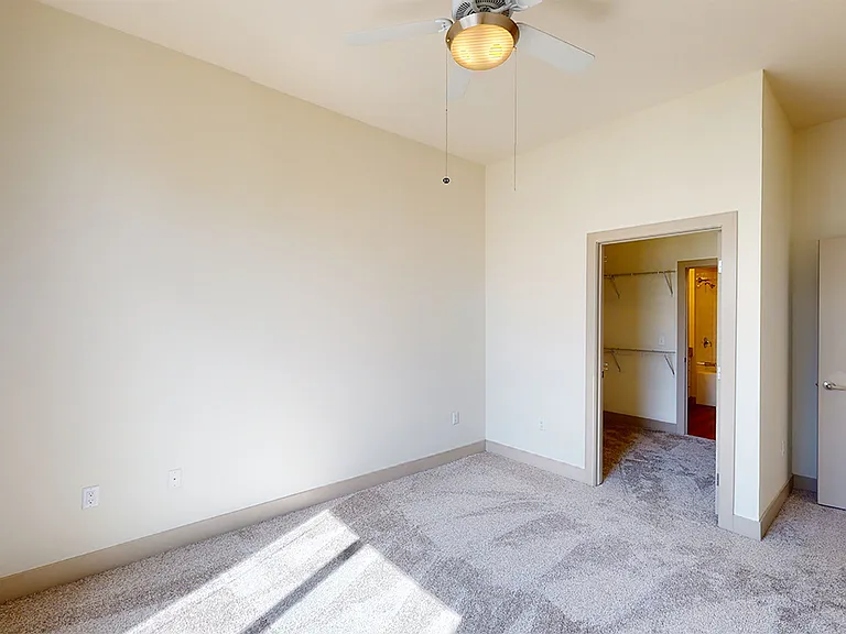 Spacious apartment bedroom with large closet, attached bathroom and plush carpet flooring.