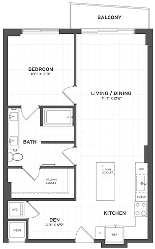 Floor plan 1 Bed/1 Bath Den-A1A