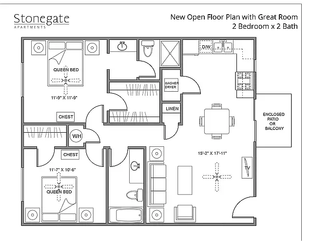 Floor plan 2 Bed 2 Bath New Open Floor Plan