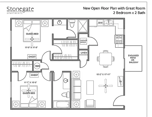 Floor plan 2 Bed 2 Bath New Open Floor Plan