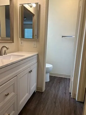 Master bath new vanity in separate dressing area from private shower and toilet