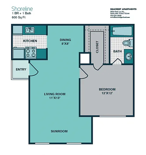 Floor plan 1 Bedroom A2 - 600sqft - SHORELINE