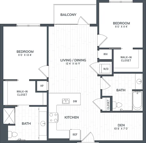Floor plan B2D | 2 Bed | 2 Bath | DEN