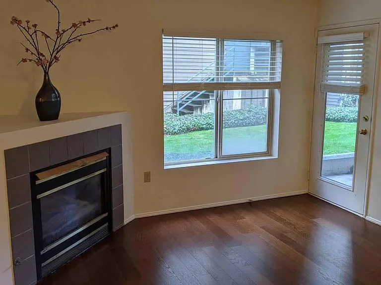 o1 Unit Living room with gas fireplace and French door to patio.