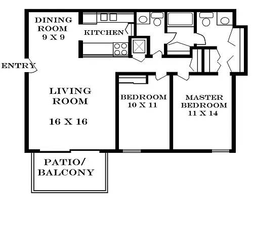Floor plan 2 Bedroom 1000 SF