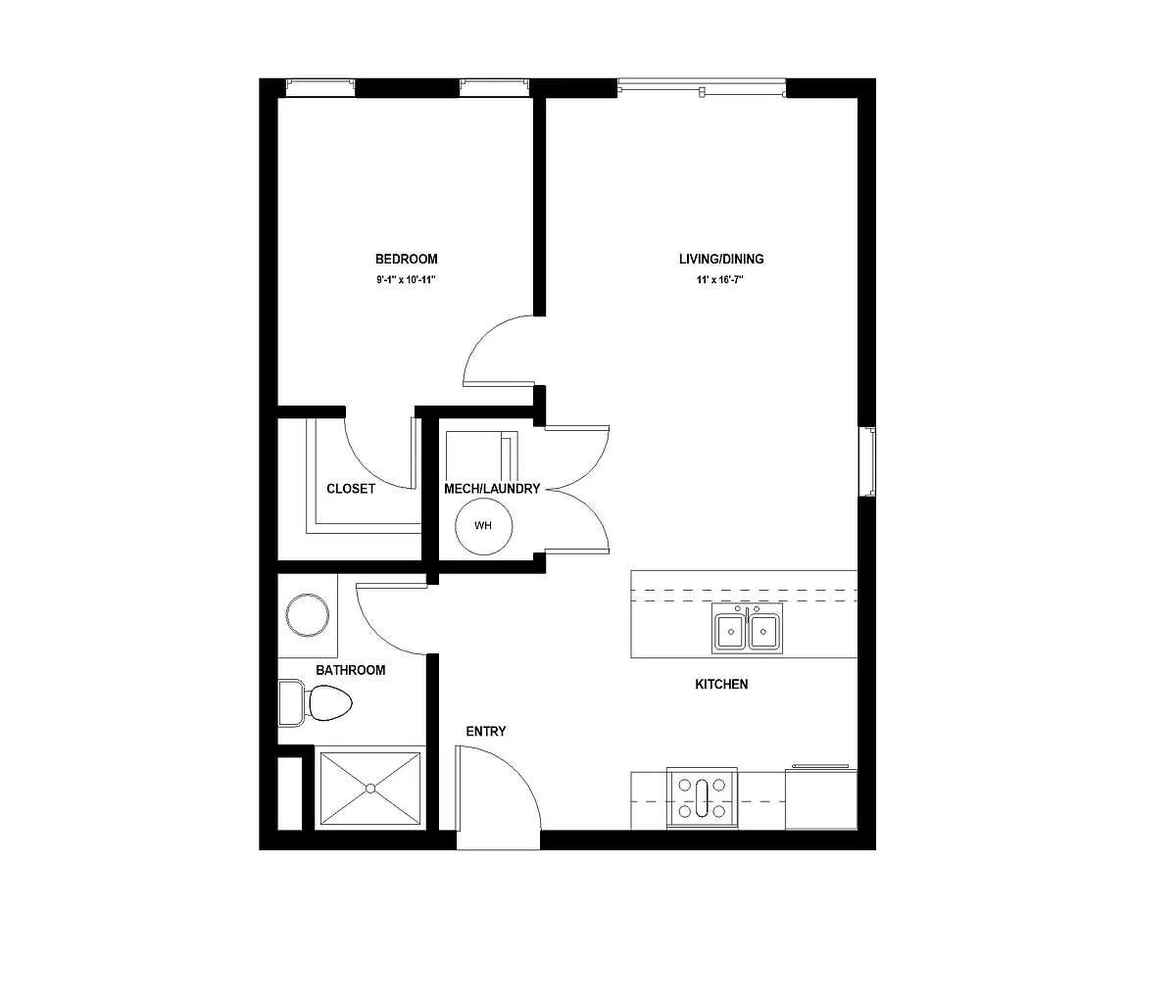 Floor plan Type C: 1 Bed 1 Bath