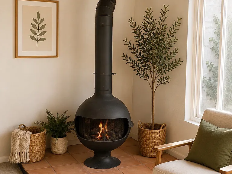 Wood burning pot-belly stove in living room