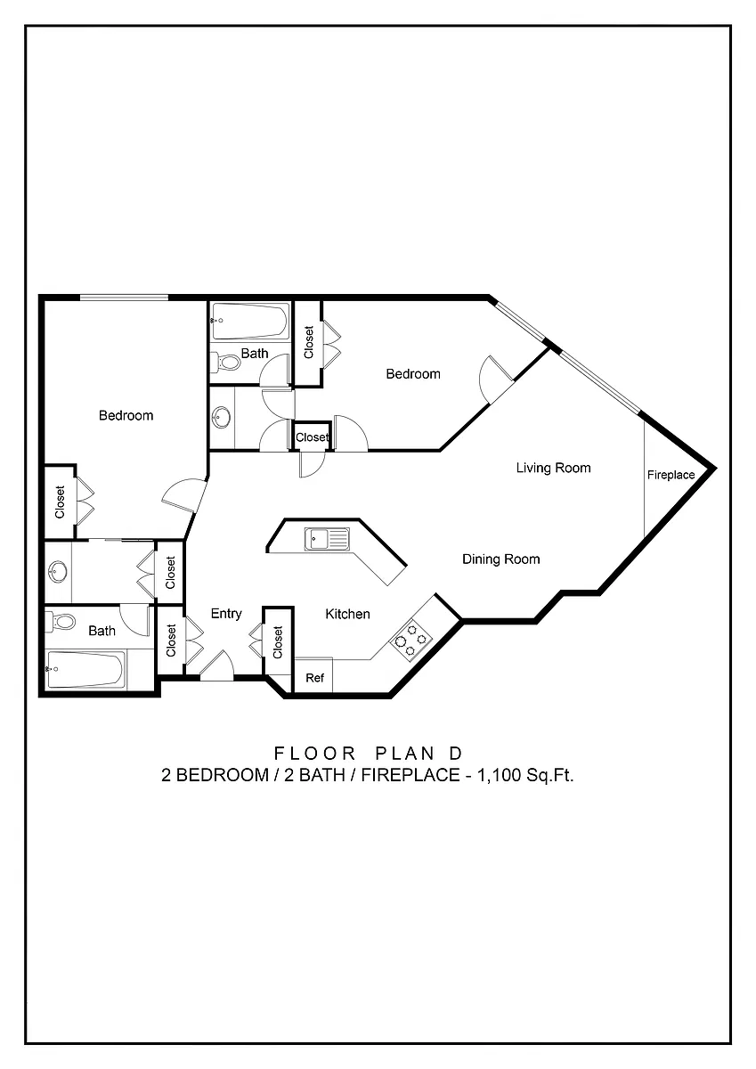Floor plan 2 bedroom 2 bath with fireplace