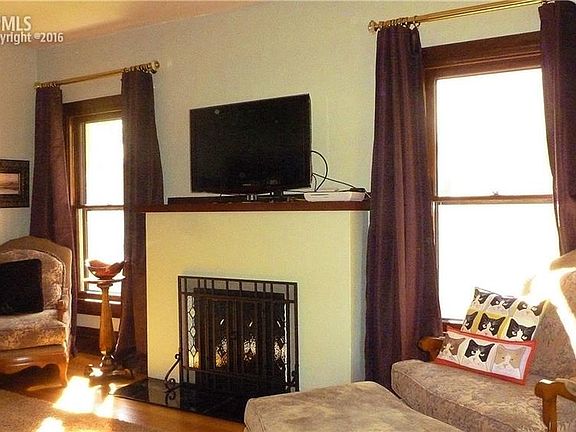 Living room. Wood burning fireplace with leaded-glass-look screen to match front