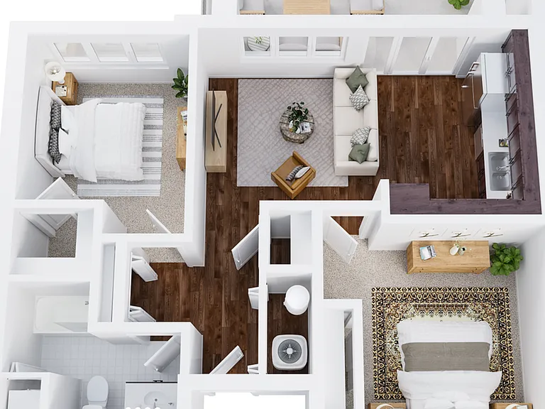 Two-Bedroom, One-Bathroom with Balcony Floor Plan Rendering Two-Bedroom, One-Bathroom with Balcony Floor Plan Rendering