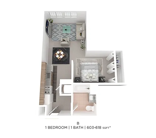 Floor plan One Bed One Bath B - 603sqft