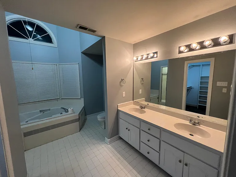 Walking into master bathroom from master bedroom. Double vanity, walk in closet, shower, and tub