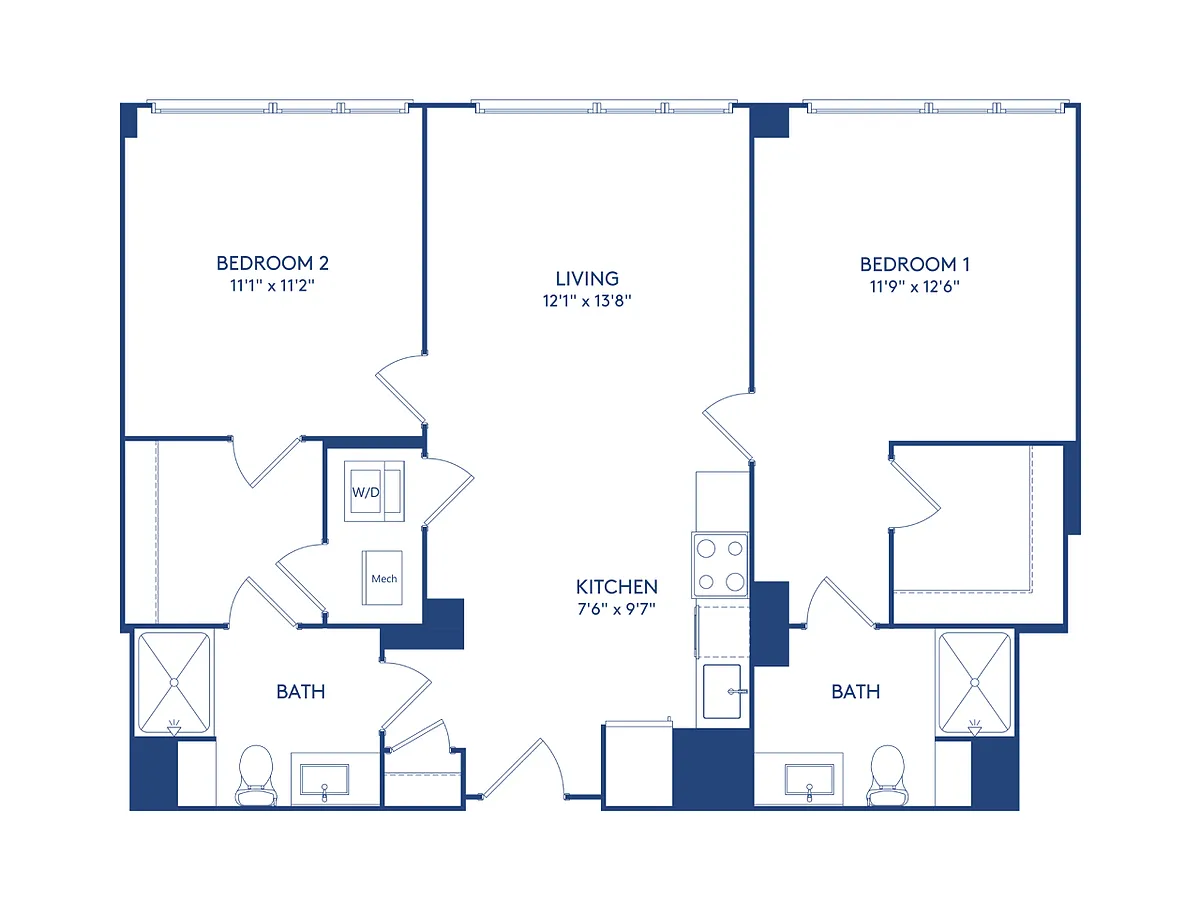 Floor plan 2 BR 2 BA (965-971 SF)