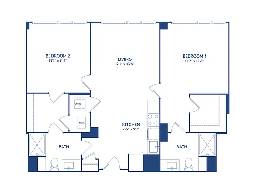 Floor plan 2 BR 2 BA (965-971 SF)