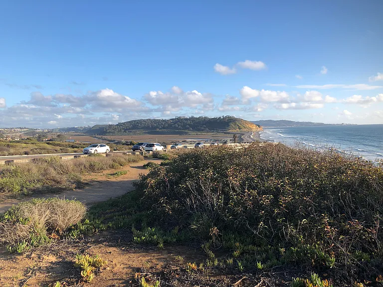 Torrey Pines State Natural Reserve and beach from the juncture of Carmel Valley Road and N Torrey Pines Road.