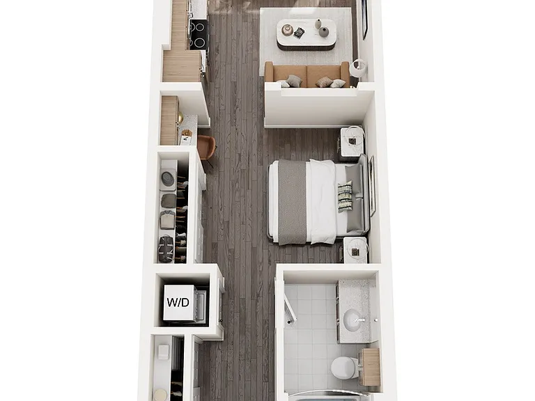 Explore this chic studio apartment layout featuring a spacious living-dining area and a sleek kitchen. Explore this chic studio apartment layout featuring a spacious living-dining area and a sleek kitchen.