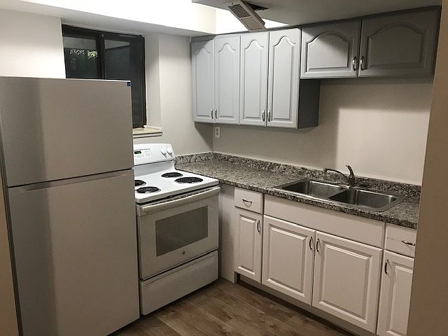 Newly renovated kitchen with same vinyl plank flooring throughout entire apartment.