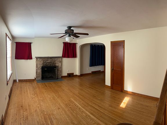 View from first floor, living room with fireplace.