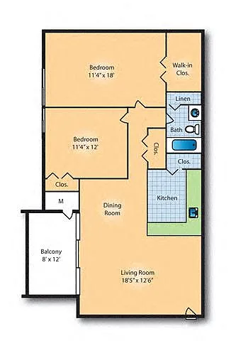 Floor plan 2Bed 1Bath 950 sf