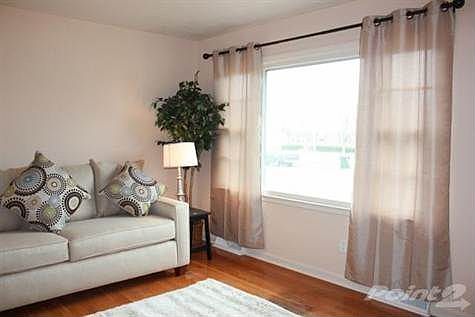 Light filled living room with hardwoods and coat closet.  New neutral paint throughout.