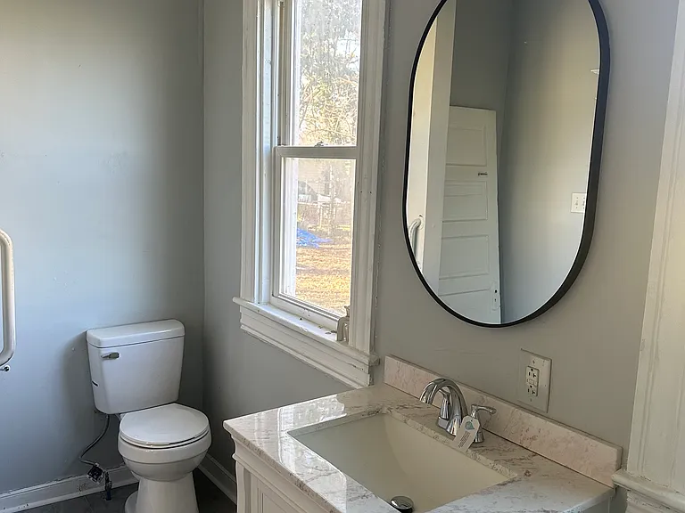Downstairs vanity, shower, toilet