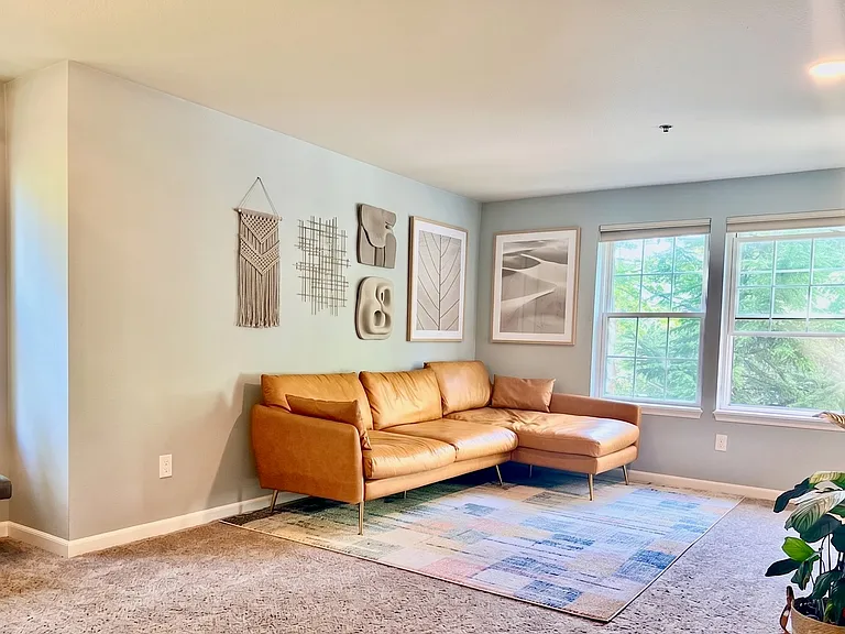 Open layout surrounded by trees outside the window