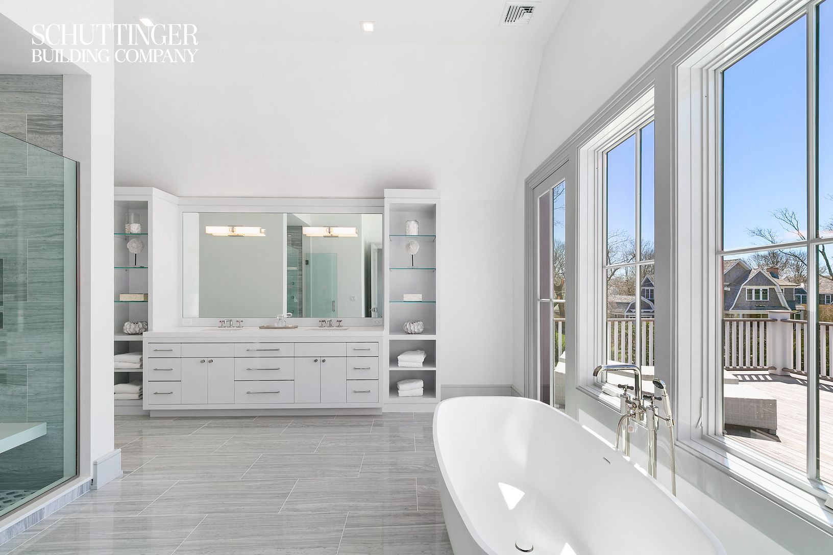  2nd Floor Master Bathroom with Marble, Waterworks Fixtures, and High Gloss Double Sink Vanity