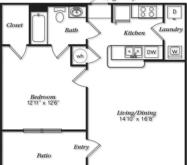 Delightful floor plan showcasing a spacious one-bedroom apartment with open living and dining area, modern kitchen, convenient laundry space, and scenic patio access. Delightful floor plan showcasing a spacious one-bedroom apartment with open living and d