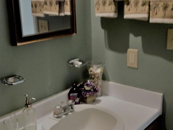 Full bath with cabinets and extra towel racks