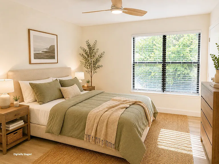 Master bedroom with walk in closet and a private bathroom. Digitally Staged