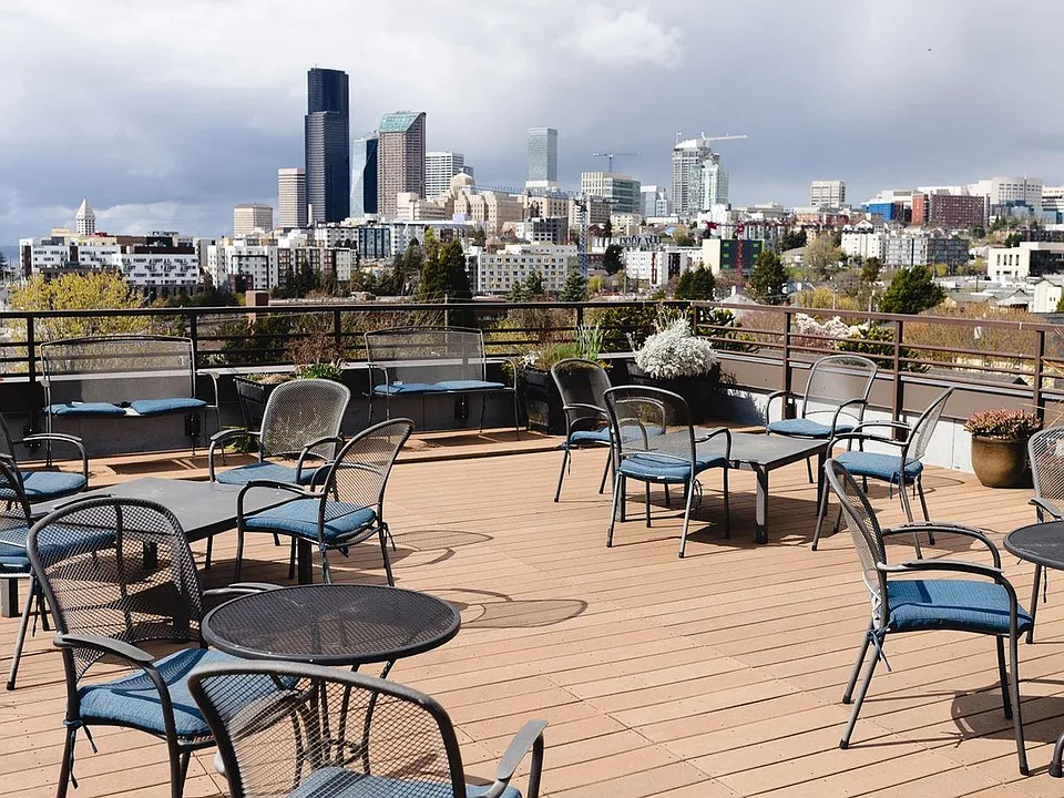 Roof top views of downtown, water and mt Rainer and great blue angels show from the roof