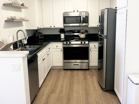 Kitchen with stainless steel dishwasher, fridge, oven, and microwave with good vent