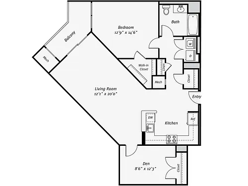 Floor plan A5 South FR 1 Bedroom|1 Bath Plus Den