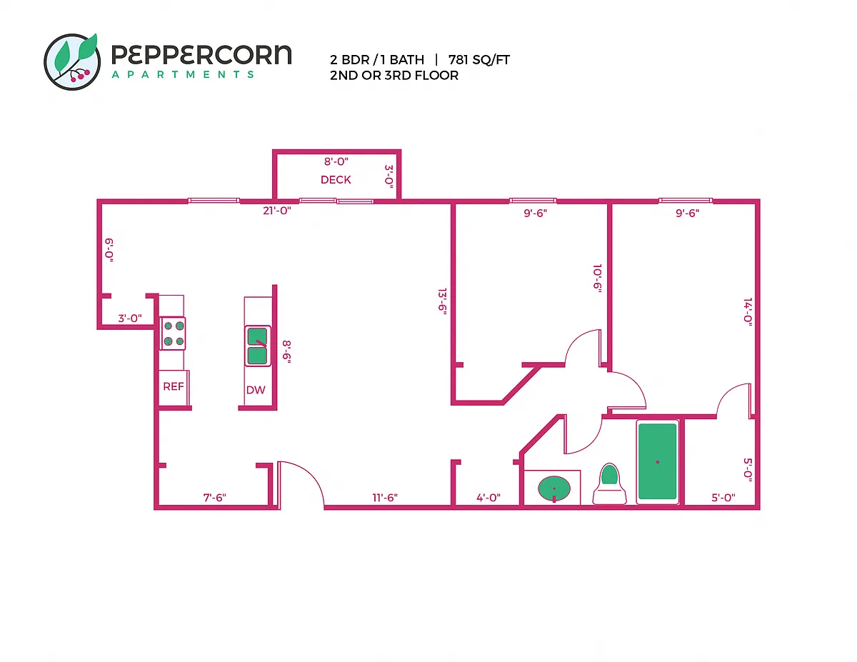 Floor plan 2 Bed, 1 Bath - 781 sq ft