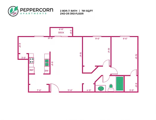 Floor plan 2 Bed, 1 Bath - 781 sq ft