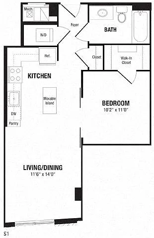 Floor plan Studio, 1 Bath 627 SF S1