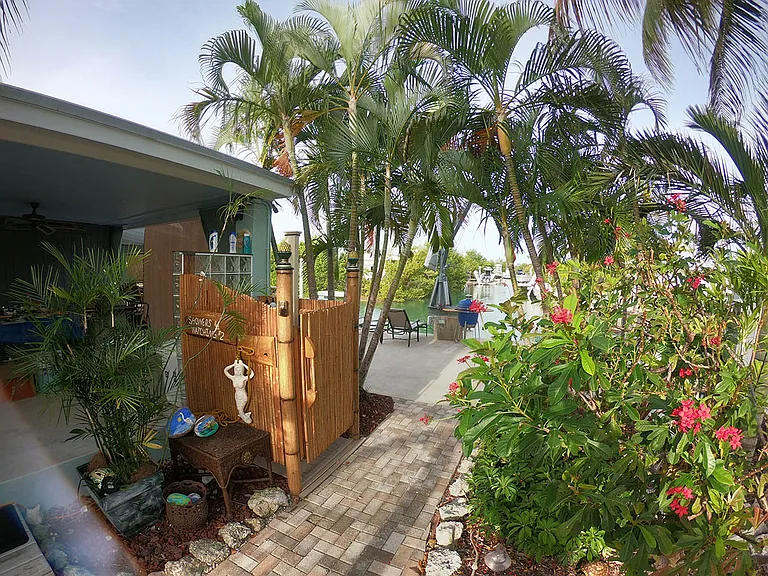 Outdoor gardens and shower.