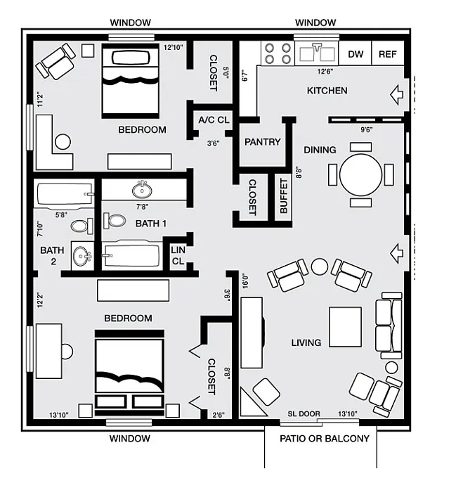 Floor plan 2 Bedroom 2 Bath