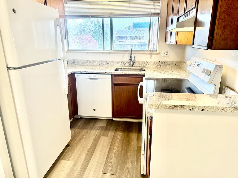 Remodeled kitchen with new granite counters, new stainless sink, new faucets etc.