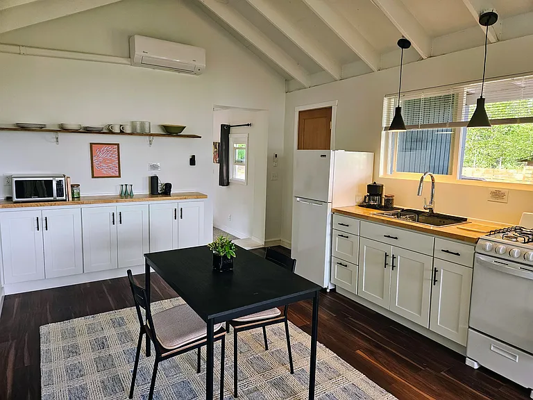 Kitchen/dining area
Apartment size fridge/gas stove