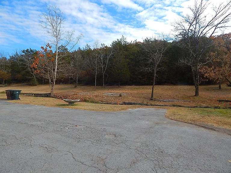 This older shot of the backyard shows the parking area and forested backyard in Fall. We've since added a bridge over the stream (located at the base of the parking area).
