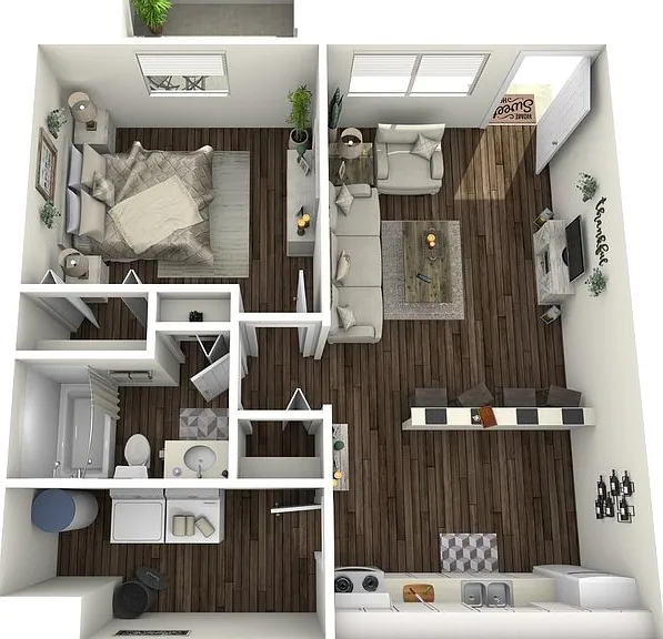 1 Bed 1 Bath Floorplan Diagram