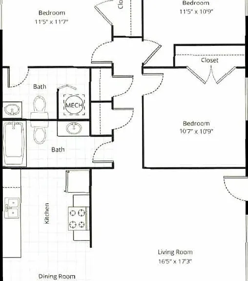 Three Bedroom Two Bath Floorplan Diagram