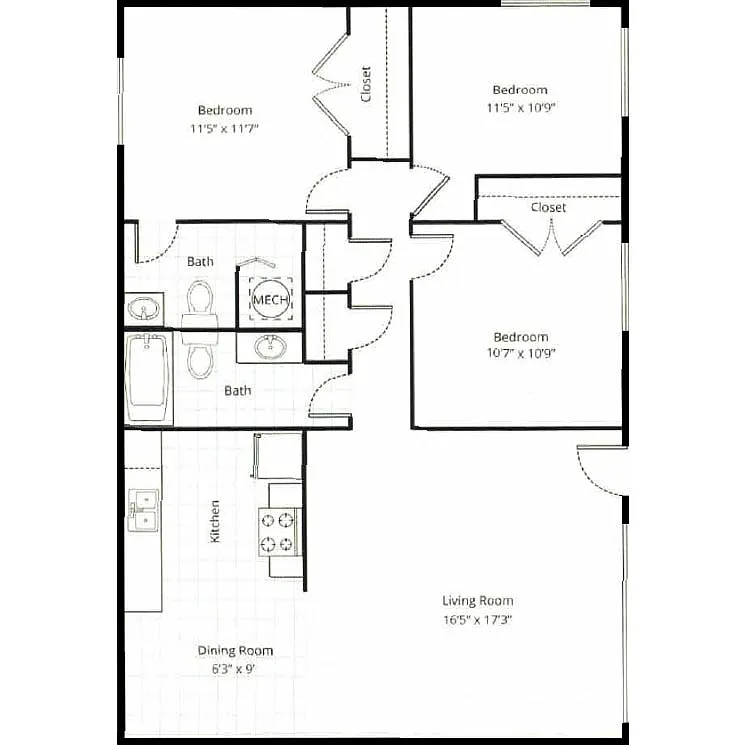 Floor plan Three Bedroom Two Bath