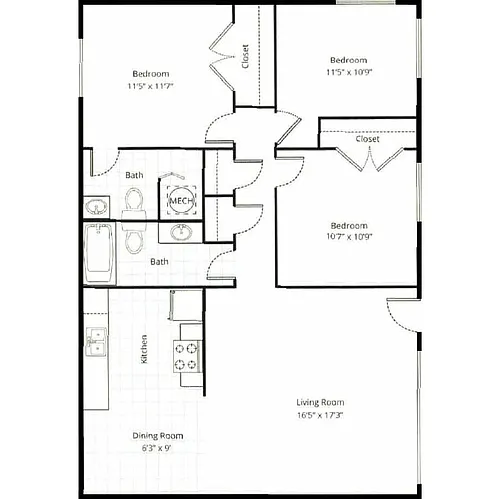 Floor plan Three Bedroom Two Bath