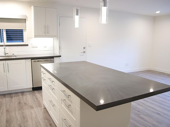 kitchen island looking toward the living area