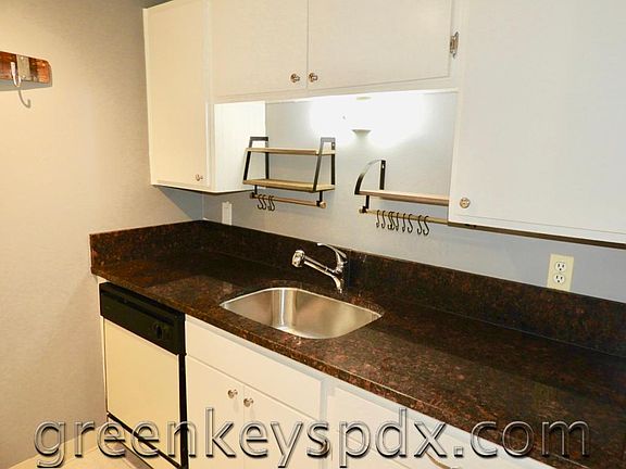 Kitchen with slab granite counters and dishwsher