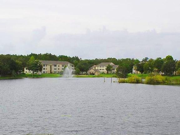 View of community lake, visible from the back patio, the kitchen, the living room, and two of the bedrooms.